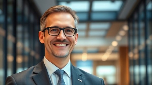 Professional businessman in formal suit inside a corporate setting.