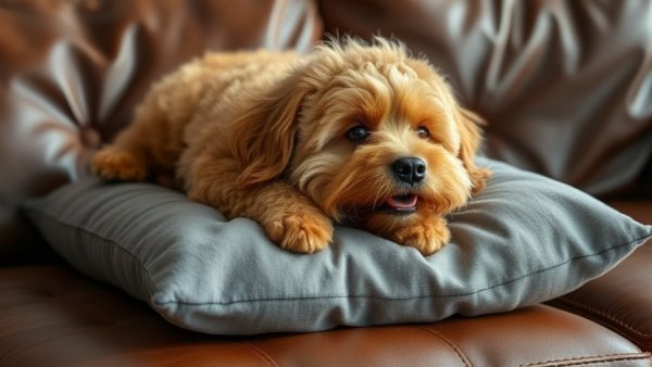 Cozy caramel dog resting on a sofa, pet spending surge.