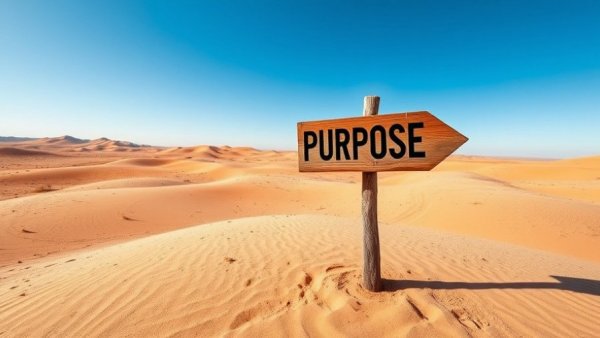 Wooden signpost with 'PURPOSE' in a desert.