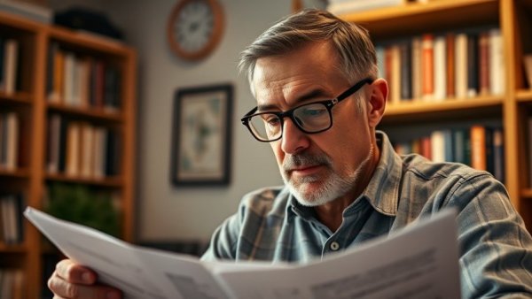Middle-aged man analyzing AI stocks investment opportunities in home office.