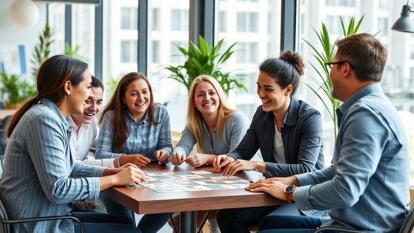 Fun team-building activities for coworkers in a bright office setting.