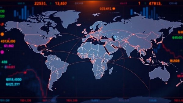 Global trade news: World map illustrating trade routes and currency.