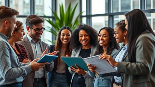 Social media marketing tips team analyzing data in modern office.