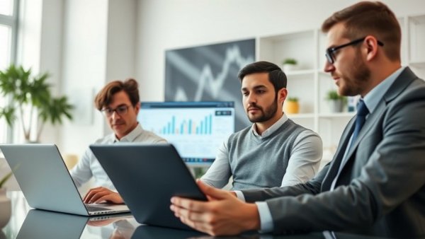 Business professionals analyze overfunded debt impact on laptops.