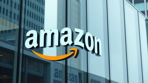 Amazon logo on a building facade with glass reflection