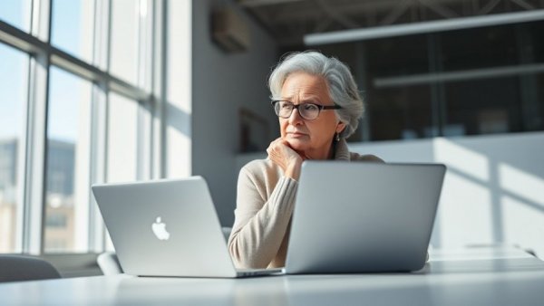 Older woman pondering by window with laptop in office.