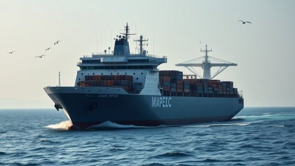 Cargo ship on open sea under gray sky, US inflation forecast.