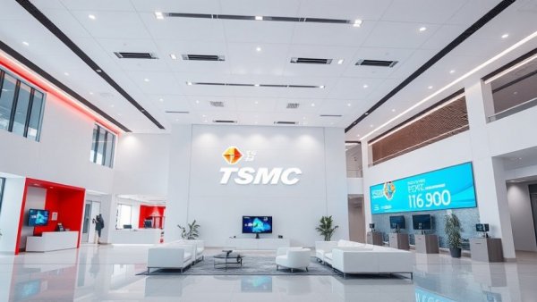 Modern office lobby with TSMC logo, highlighting investment in Taiwan Semiconductor.