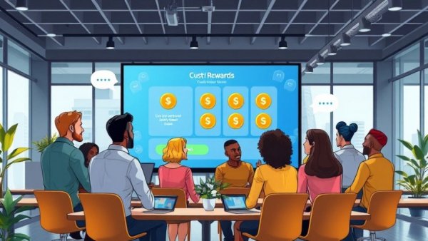 Team using a Customer Rewards Platform on a large screen, cartoon style