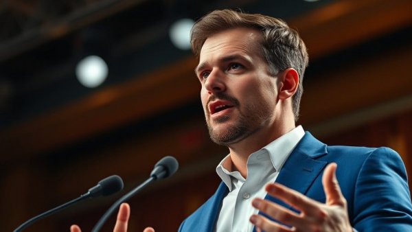 Speaker emphasizing stock market insights on stage.