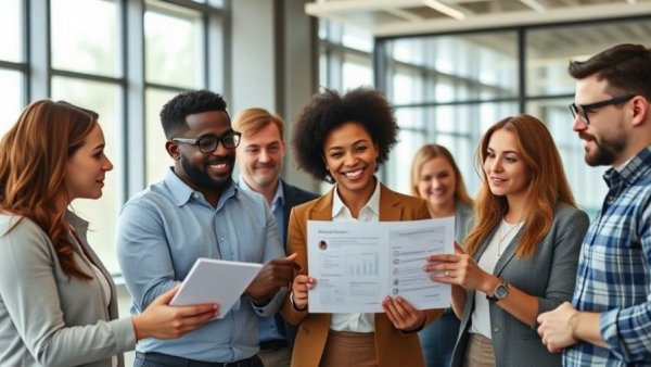 Team discussing payroll software in a modern office