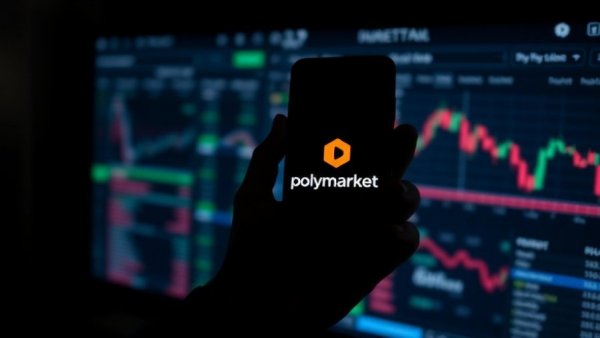 Smartphone with Polymarket logo in dark room, digital market interface on screen