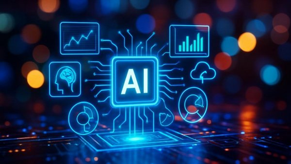 Futuristic AI interface with digital analytics and vibrant hues.