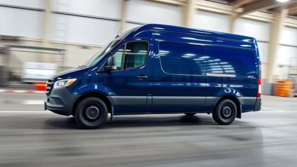 Amazon Prime van speeding through a warehouse, blurred motion.