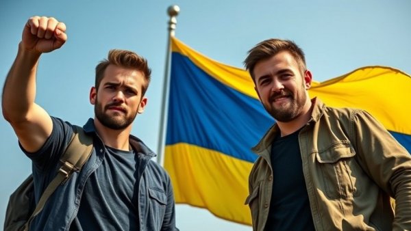 Two men posing beside flag related to Trump Ukraine Weapons Threat, outdoor setting