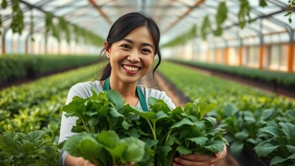 Woman harvesting greens in Asian greenhouse - Impact Investing in Asia