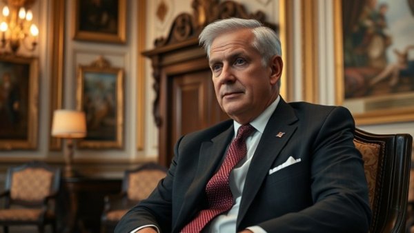 Distinguished man in formal suit amid geopolitical tensions.