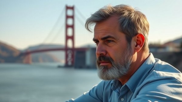 Older man outdoors with bridge background, age bias in tech theme.