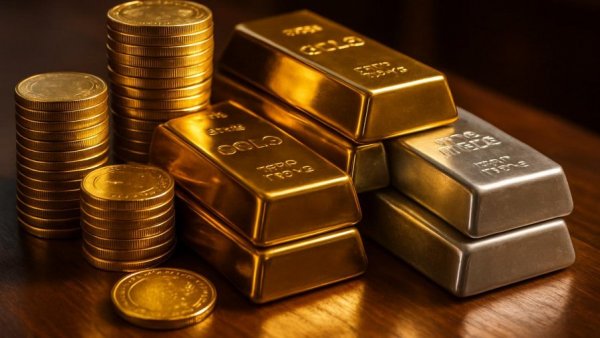 Gold and silver coins and bars on table, illustrating Gold IRA storage rules.