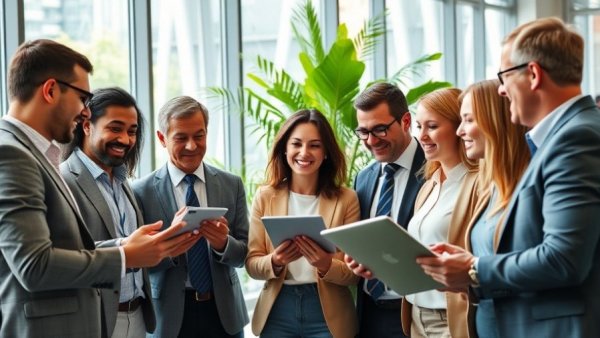 Professionals collaborating on visual marketing strategies in a bright office.