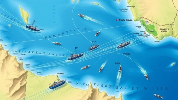 Map illustration of Strait of Hormuz shipping routes with busy shipping paths