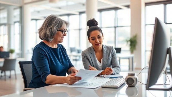 Two women collaborating in office discussing AGI impact on jobs.