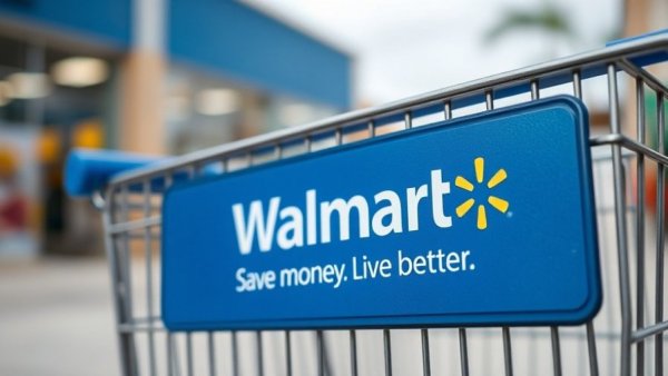 Walmart shopping cart logo close-up in store parking area