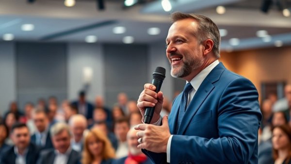 Confident man speaking, Trump Fraud Czar discussion, indoor event.