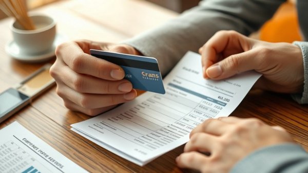 Close-up hands with credit card and bill, calculating minimum payments.