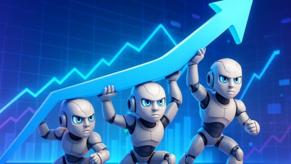Robots lifting upward arrow symbolizing AI stock growth