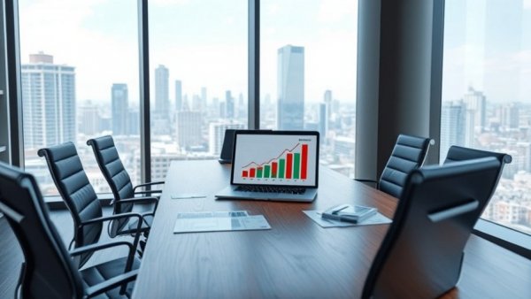 Modern office with laptop showing business debt consolidation charts.