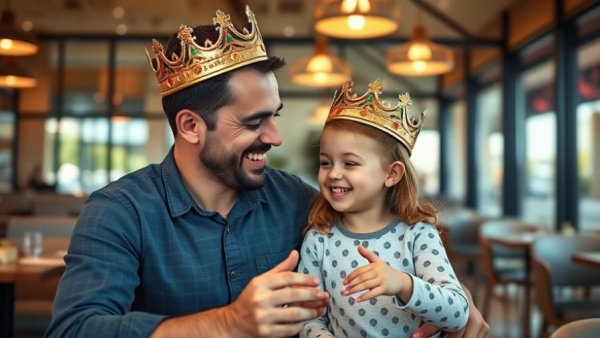 Father and daughter playing with paper crowns in a restaurant