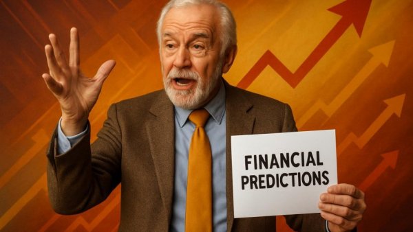 Confident man discussing Fed rate cut prediction in colorful studio.