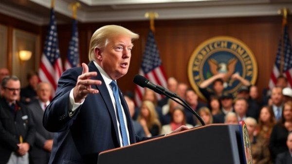 Confident speaker at podium during press conference.