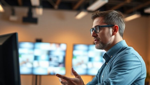 Businessman discussing corporate strategy news on TV set
