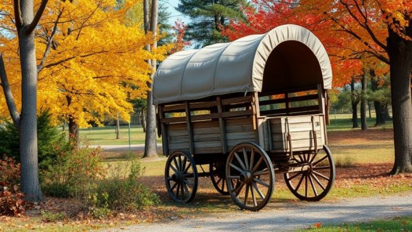 Vintage wagon in scenic park on sunny day; rustic outdoor scene.