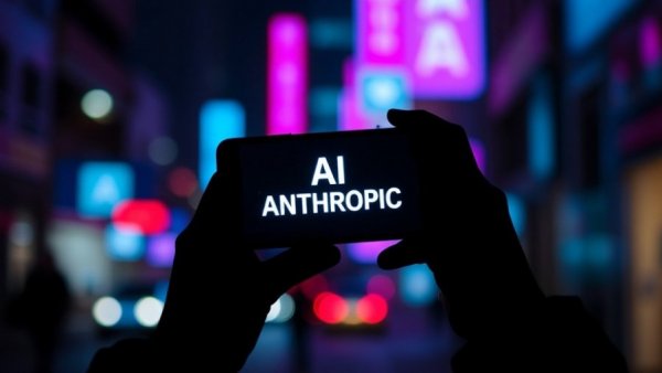Hands holding smartphone with 'AI ANTHROPIC', neon background, Project Glasswing Cybersecurity Initiative