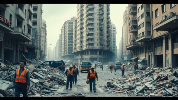 Rescue workers amidst rubble in urban area after ceasefire, Middle East.