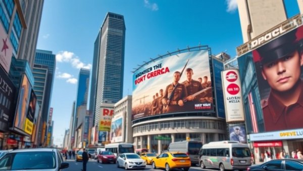 Urban scene with military billboard in Iran amidst city traffic.