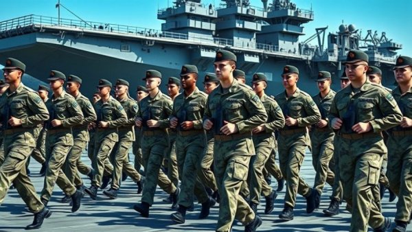 Navy personnel marching towards an aircraft carrier for automatic military draft registration.