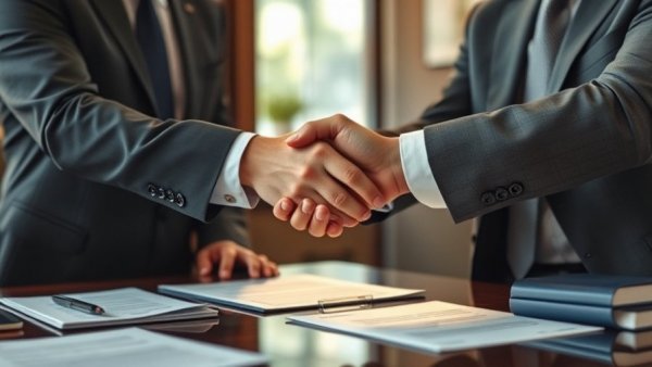 Businessmen sealing a loan agreement at an office desk.