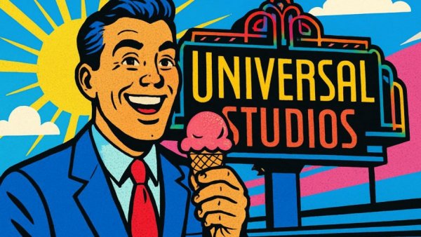 Stylized cartoon of a man in a blue suit holding ice cream with Universal Studios sign.