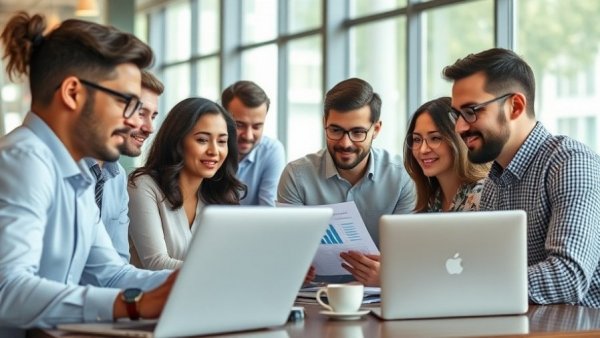 Professionals collaborating in an online accounting company office.