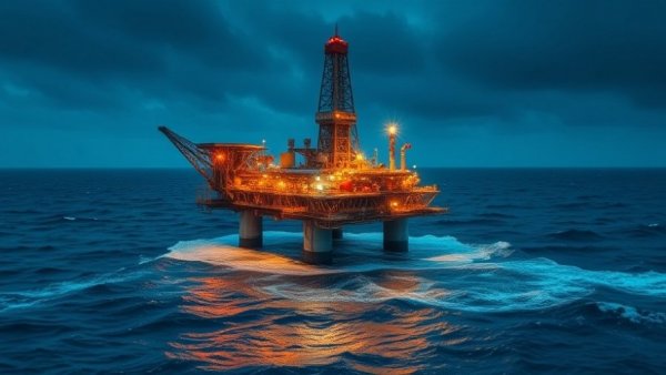 North Sea oil platform amidst turbulent waters, evening.