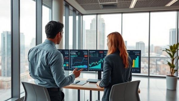 Professionals in office discussing ABL RBF Stack with digital graphs.