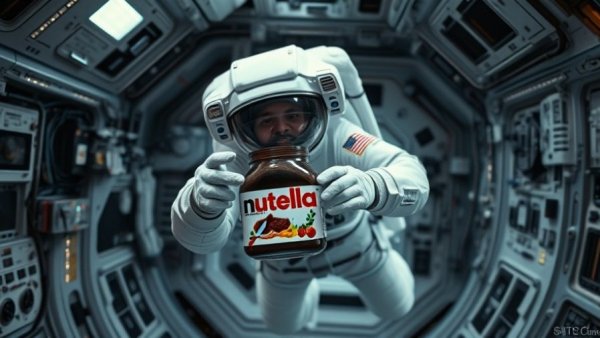 Astronaut surprised holding Nutella jar in space.