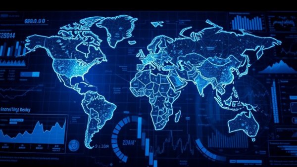 Global economic news digital interface with world map and data.