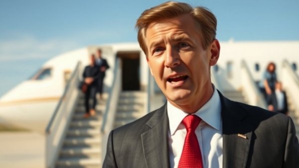 Businessman speaking outdoors by airplane, US-Iran talks impact.