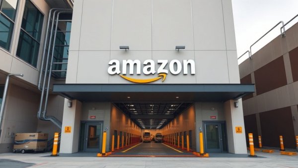 Amazon delivery facility entrance with signage and vehicles.