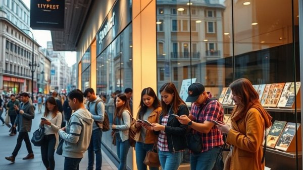 Glass-fronted store with customers analyzing tech gadgets, company analysis.
